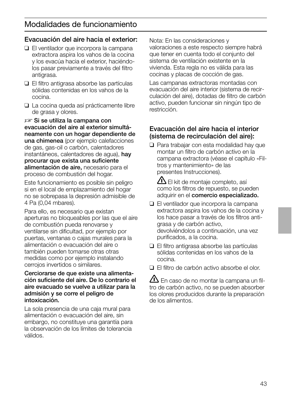 Modalidades de funcionamiento | Siemens LF457CA60 User Manual | Page 43 / 108