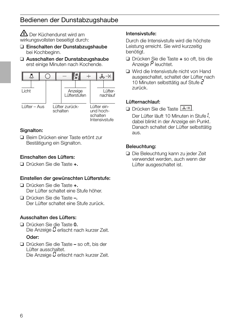 Bedienen der dunstabzugshaube | Siemens LF457CA60 User Manual | Page 6 / 108