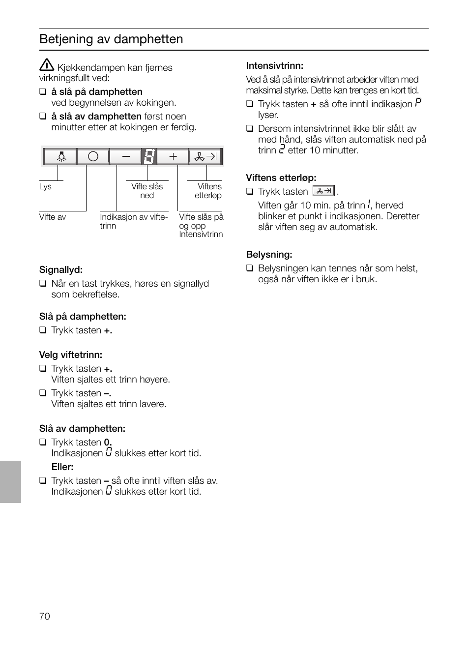 Betjening av damphetten | Siemens LF457CA60 User Manual | Page 70 / 108