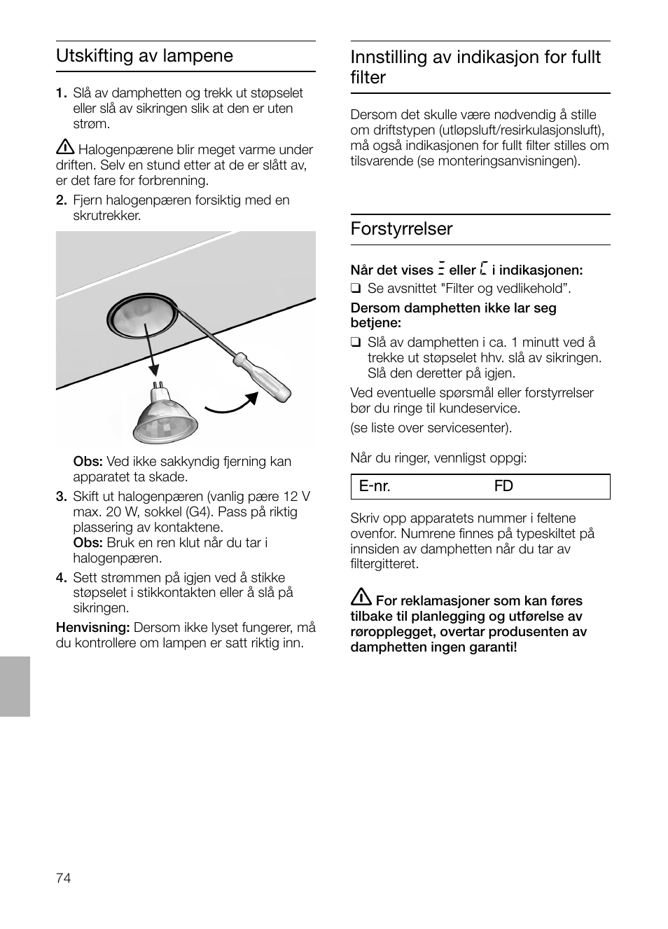 Utskifting av lampene forstyrrelser, Innstilling av indikasjon for fullt ﬁlter | Siemens LF457CA60 User Manual | Page 74 / 108