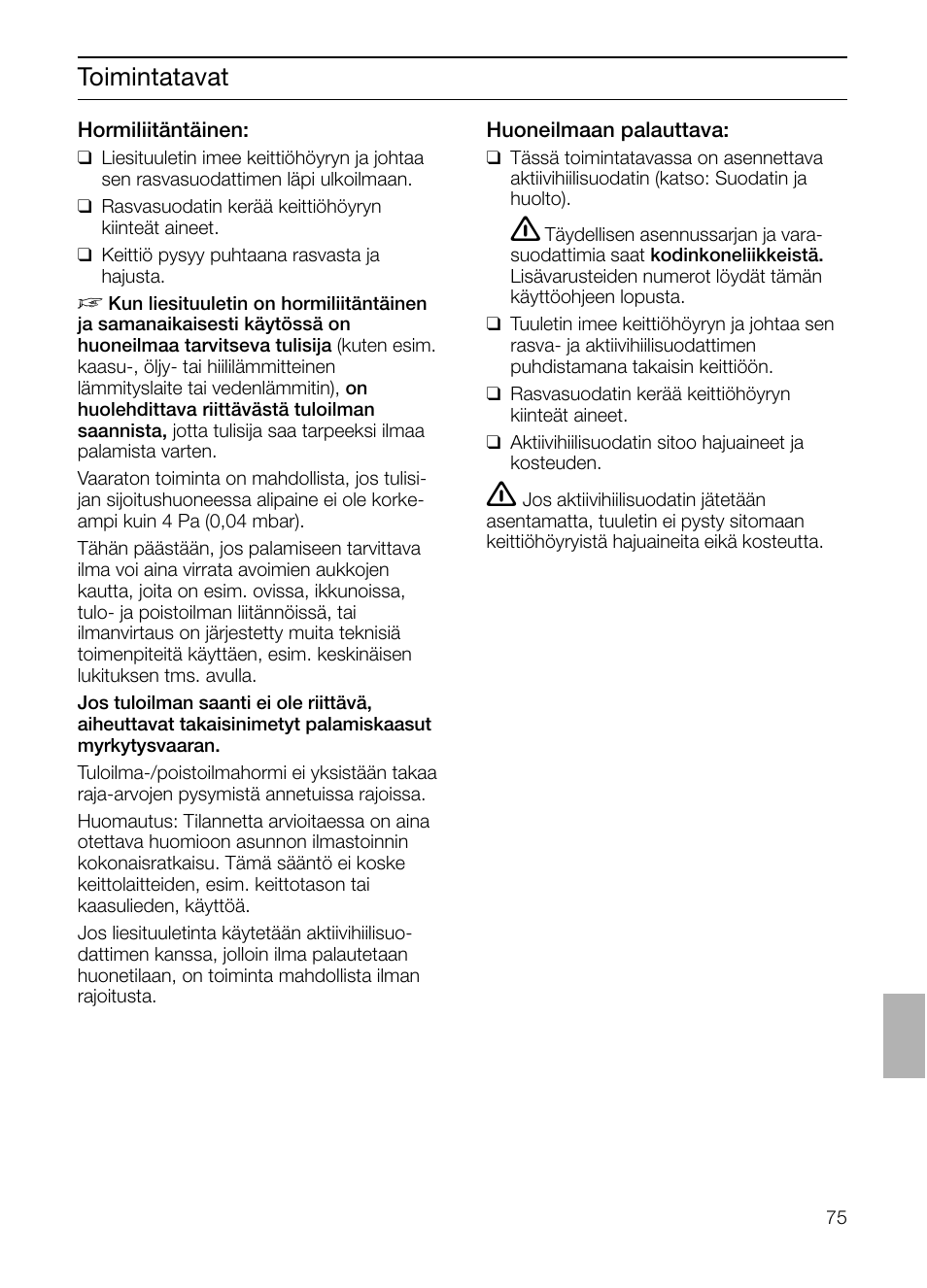 Toimintatavat | Siemens LF457CA60 User Manual | Page 75 / 108