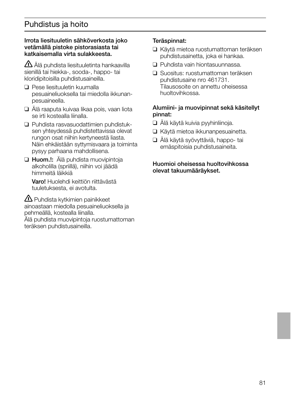 Puhdistus ja hoito | Siemens LF457CA60 User Manual | Page 81 / 108