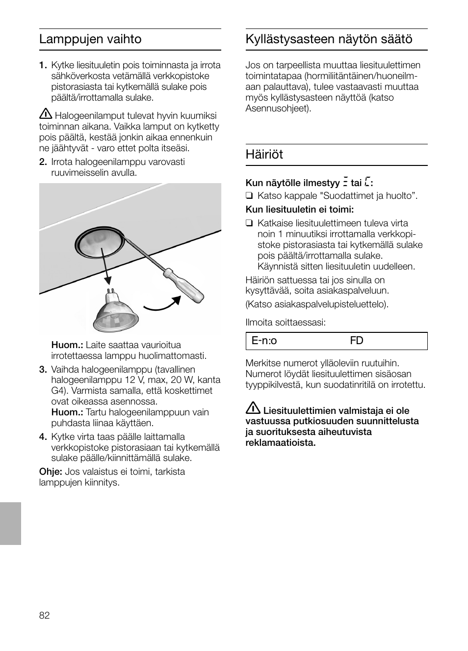 Lamppujen vaihto häiriöt, Kyllästysasteen näytön säätö | Siemens LF457CA60 User Manual | Page 82 / 108