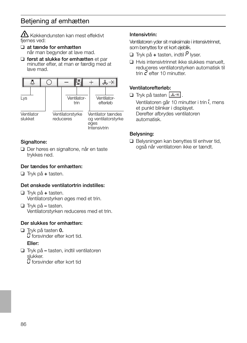 Betjening af emhætten | Siemens LF457CA60 User Manual | Page 86 / 108