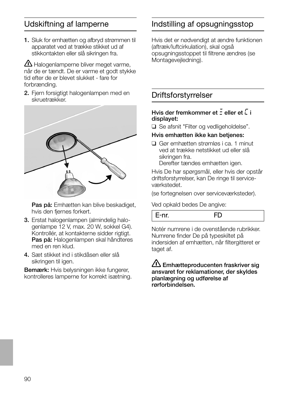 Udskiftning af lamperne driftsforstyrrelser, Indstilling af opsugningsstop | Siemens LF457CA60 User Manual | Page 90 / 108