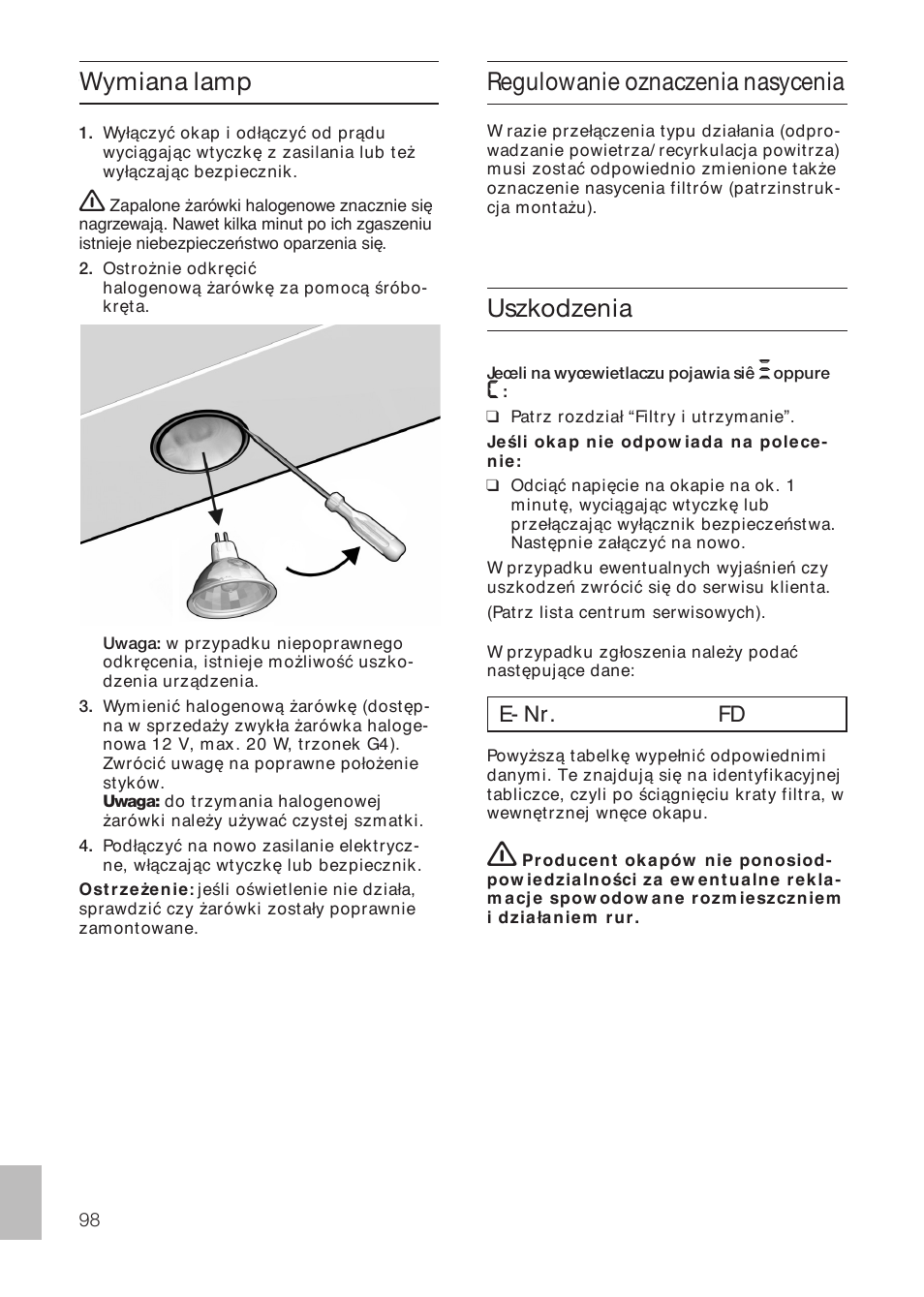 Uszkodzenia, E- nr. fd | Siemens LF457CA60 User Manual | Page 98 / 108