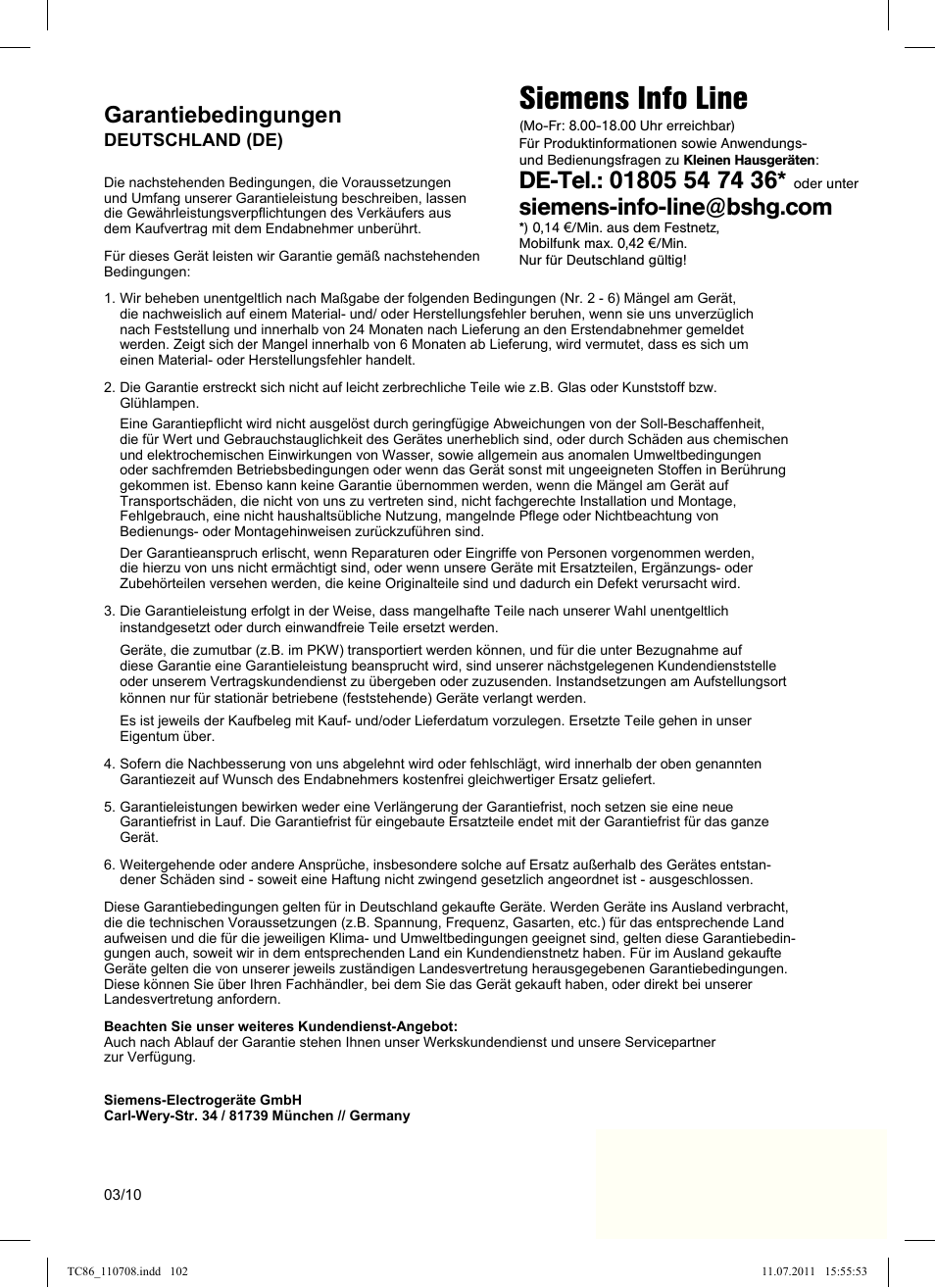 Siemens info line, Garantiebedingungen | Siemens TC86303 User Manual | Page 106 / 108