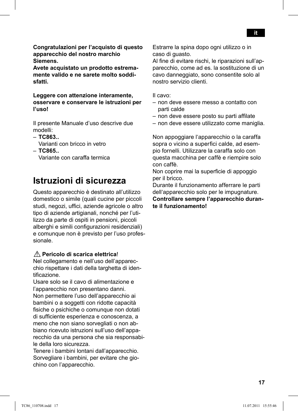 Istruzioni di sicurezza | Siemens TC86303 User Manual | Page 21 / 108