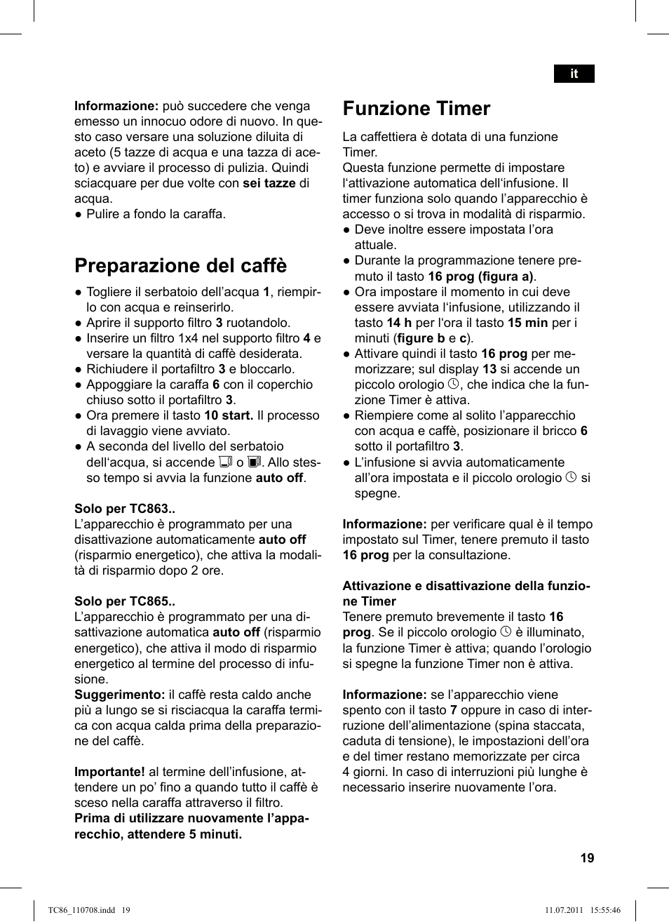 Funzione timer, Preparazione del caffè | Siemens TC86303 User Manual | Page 23 / 108