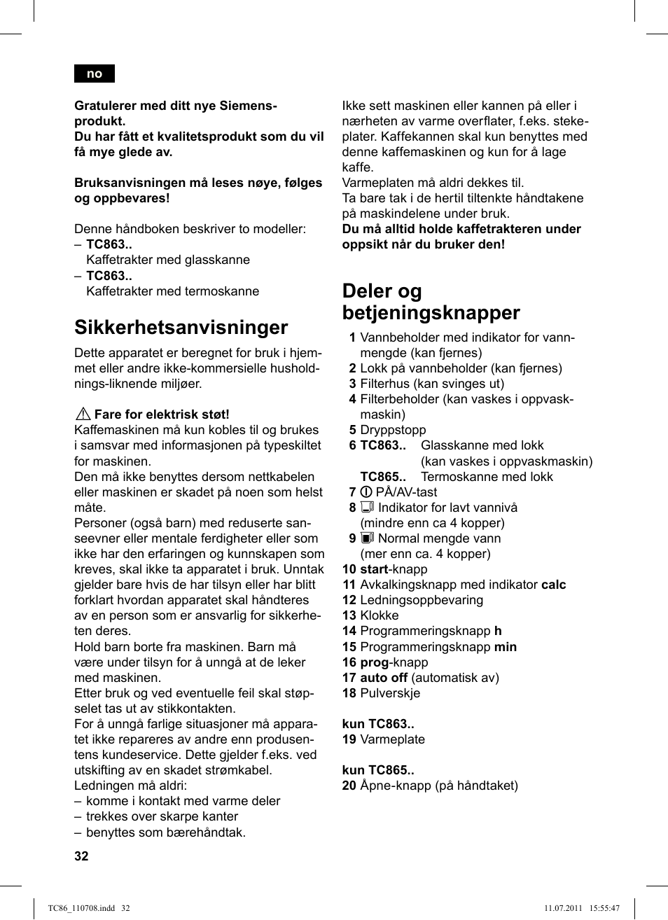 Sikkerhetsanvisninger, Deler og betjeningsknapper | Siemens TC86303 User Manual | Page 36 / 108