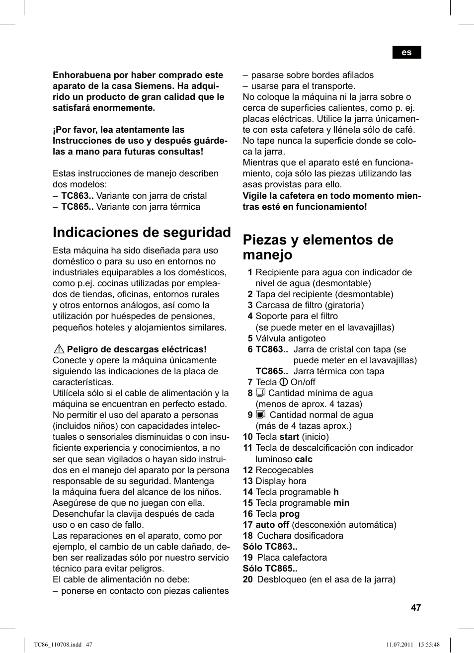 Indicaciones de seguridad, Piezas y elementos de manejo | Siemens TC86303 User Manual | Page 51 / 108