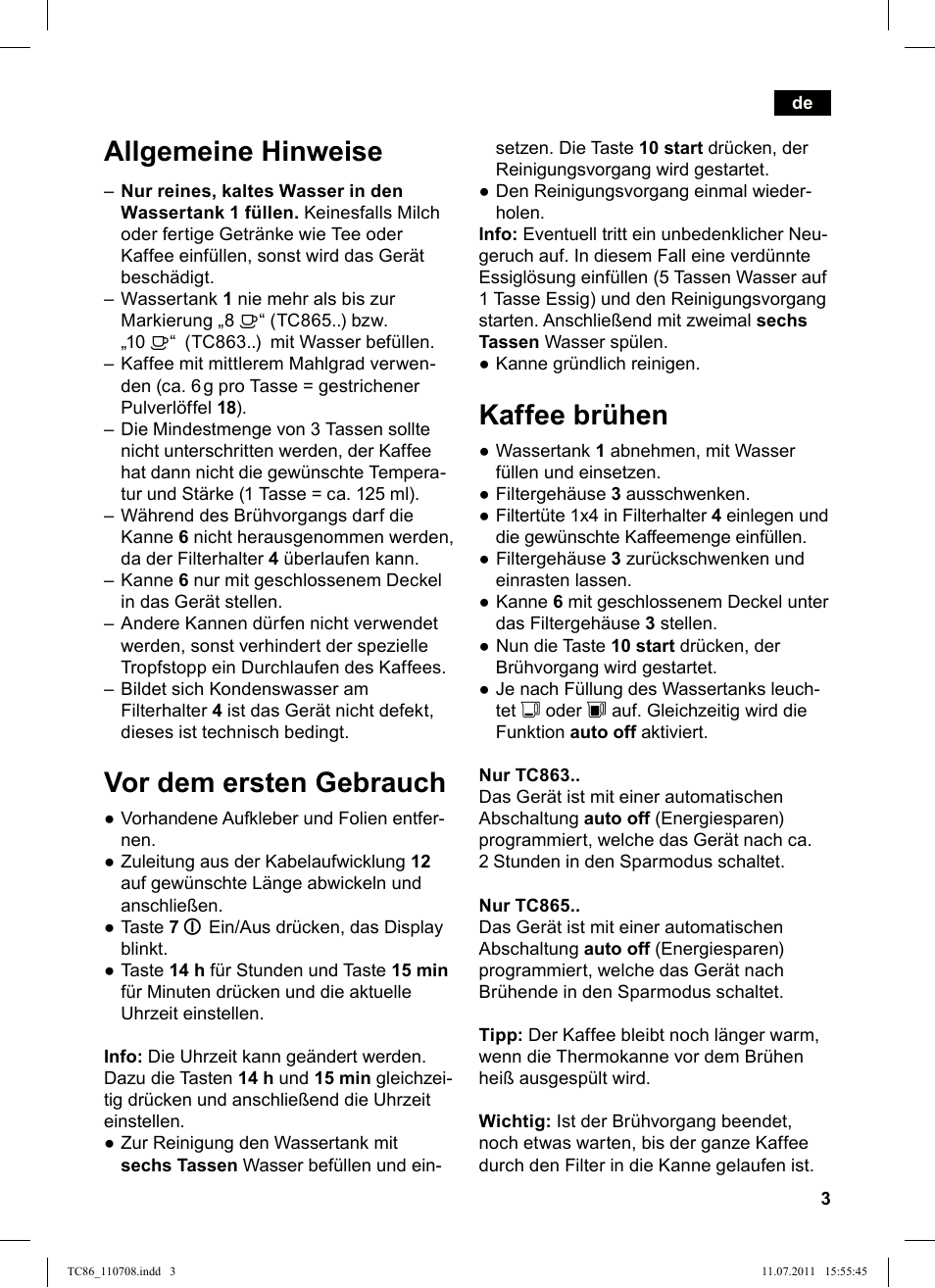 Kaffee brühen, Allgemeine hinweise, Vor dem ersten gebrauch | Siemens TC86303 User Manual | Page 7 / 108