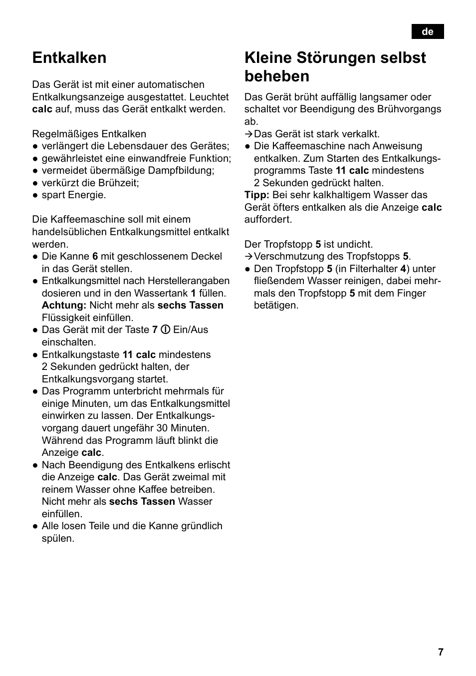 Entkalken, Kleine störungen selbst beheben | Siemens TC86303 User Manual | Page 11 / 132