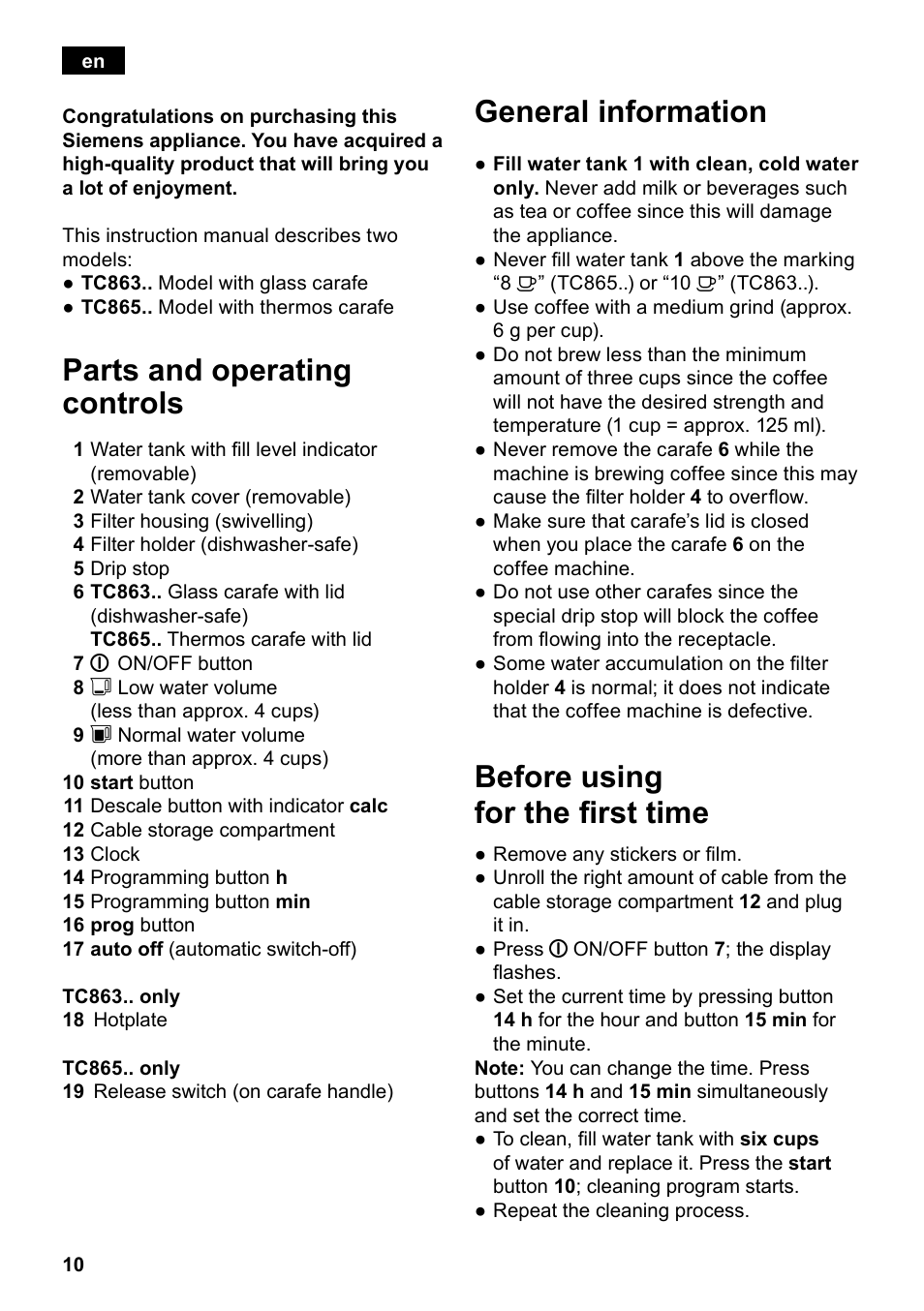 Parts and operating controls, General information, Before using for the first time | Siemens TC86303 User Manual | Page 14 / 132