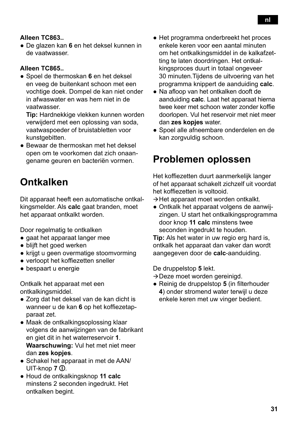 Ontkalken, Problemen oplossen | Siemens TC86303 User Manual | Page 35 / 132