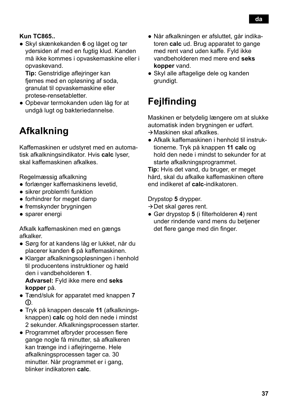 Afkalkning, Fejlfinding | Siemens TC86303 User Manual | Page 41 / 132