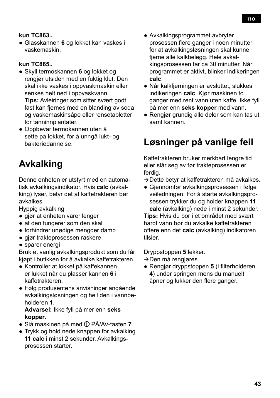 Avkalking, Løsninger på vanlige feil | Siemens TC86303 User Manual | Page 47 / 132