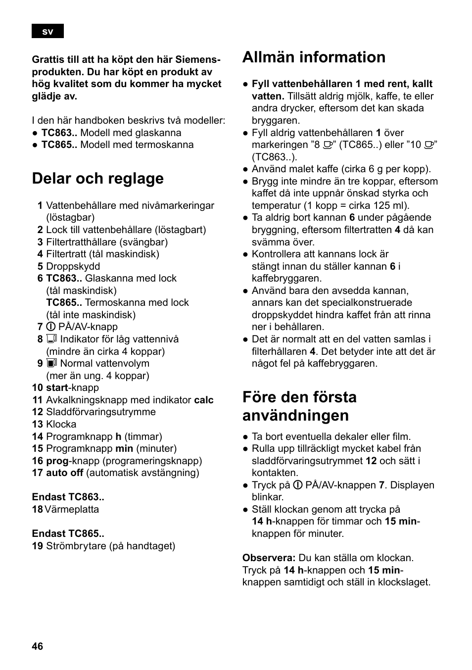 Delar och reglage, Allmän information, Före den första användningen | Siemens TC86303 User Manual | Page 50 / 132