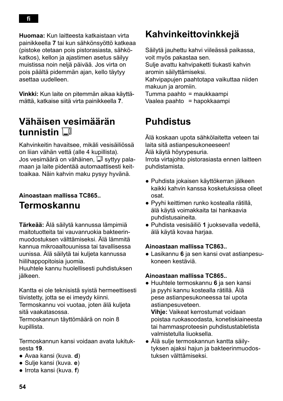 Vähäisen vesimäärän tunnistin j, Termoskannu, Kahvinkeittovinkkejä | Puhdistus | Siemens TC86303 User Manual | Page 58 / 132