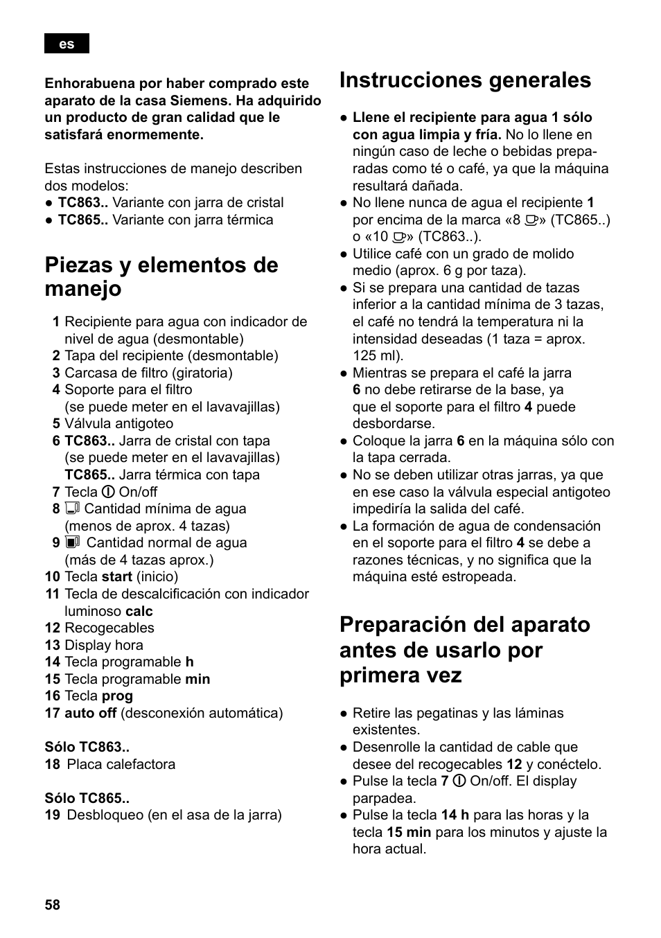 Piezas y elementos de manejo, Instrucciones generales | Siemens TC86303 User Manual | Page 62 / 132