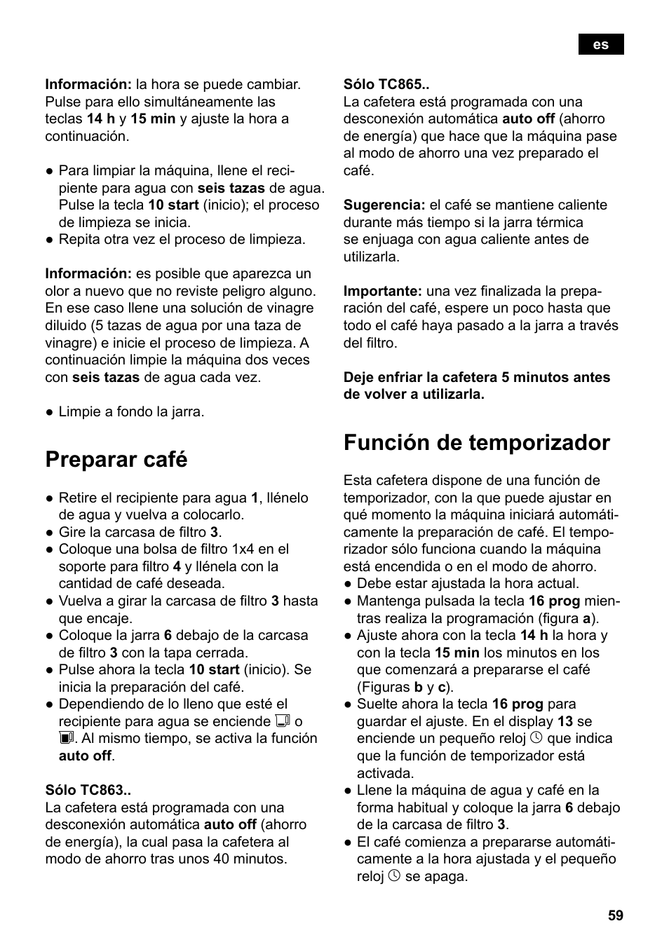 Preparar café, Función de temporizador | Siemens TC86303 User Manual | Page 63 / 132