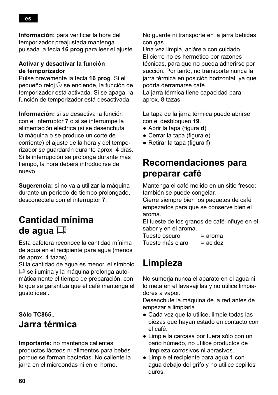 Cantidad mínima de agua j, Jarra térmica, Recomendaciones para preparar café | Limpieza | Siemens TC86303 User Manual | Page 64 / 132