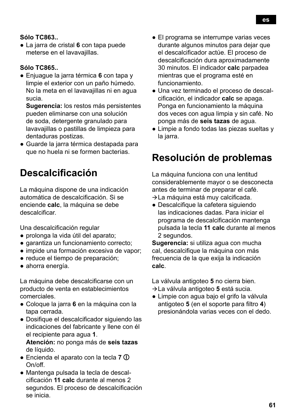 Descalcificación, Resolución de problemas | Siemens TC86303 User Manual | Page 65 / 132