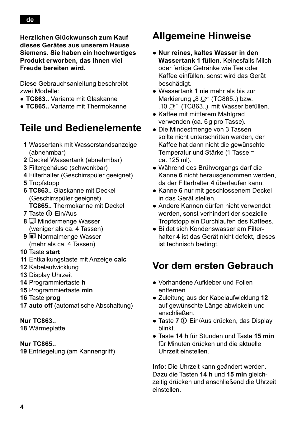 Teile und bedienelemente, Allgemeine hinweise, Vor dem ersten gebrauch | Siemens TC86303 User Manual | Page 8 / 132