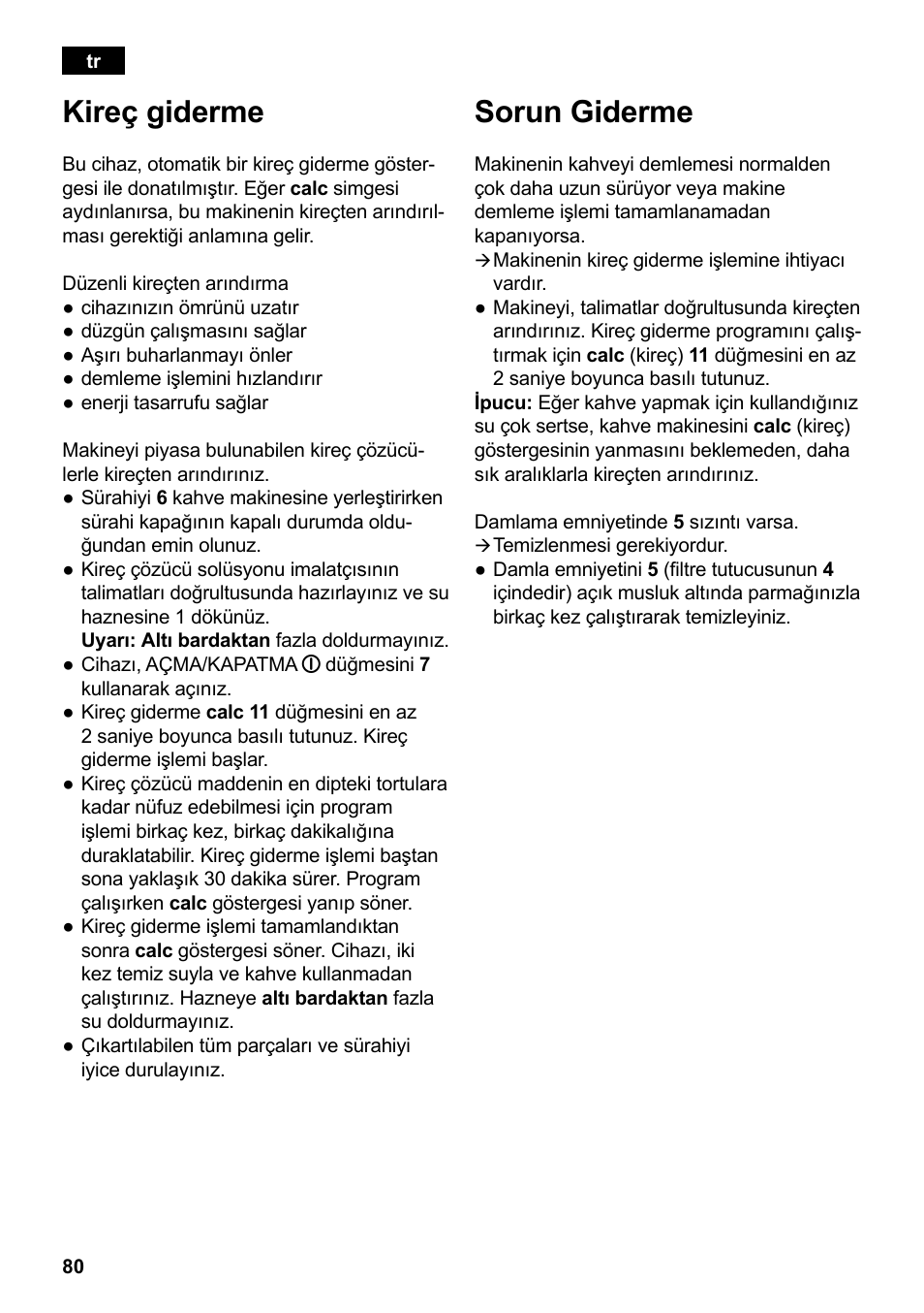 Kireç giderme, Sorun giderme | Siemens TC86303 User Manual | Page 84 / 132