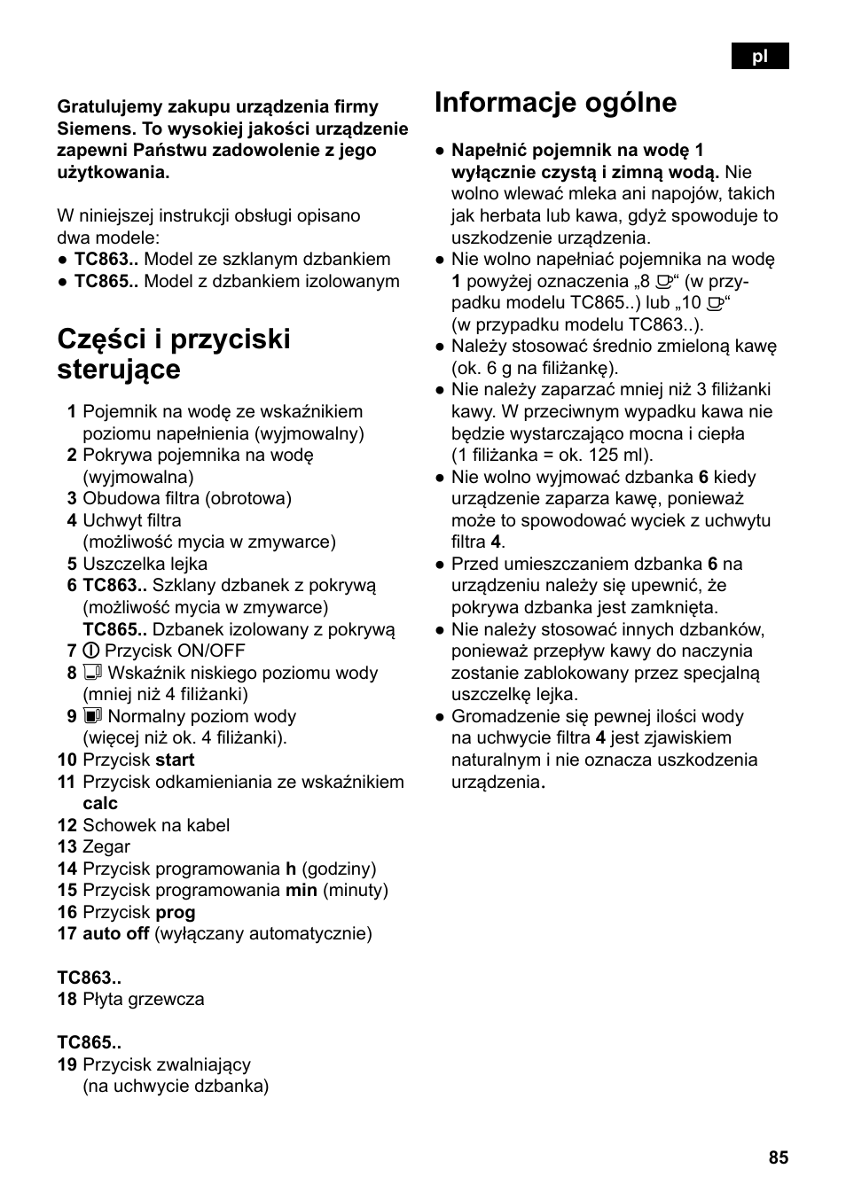 Części i przyciski sterujące, Informacje ogólne | Siemens TC86303 User Manual | Page 89 / 132