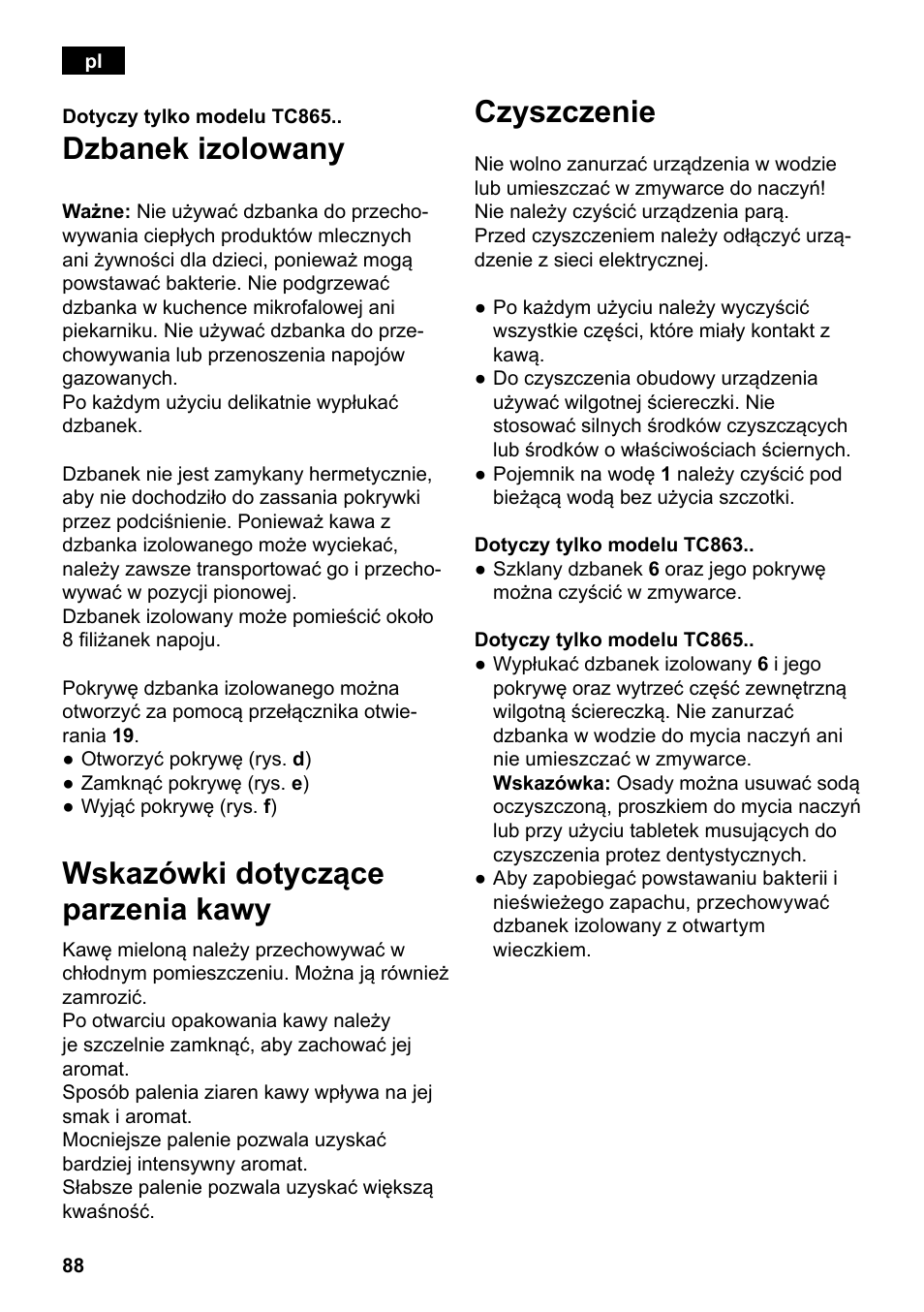 Dzbanek izolowany, Wskazówki dotyczące parzenia kawy, Czyszczenie | Siemens TC86303 User Manual | Page 92 / 132