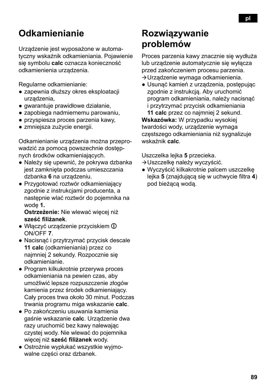 Odkamienianie, Rozwiązywanie problemów | Siemens TC86303 User Manual | Page 93 / 132