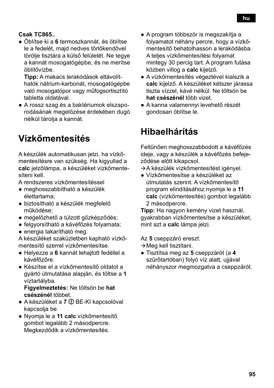 Vízkőmentesítés, Hibaelhárítás | Siemens TC86303 User Manual | Page 99 / 132