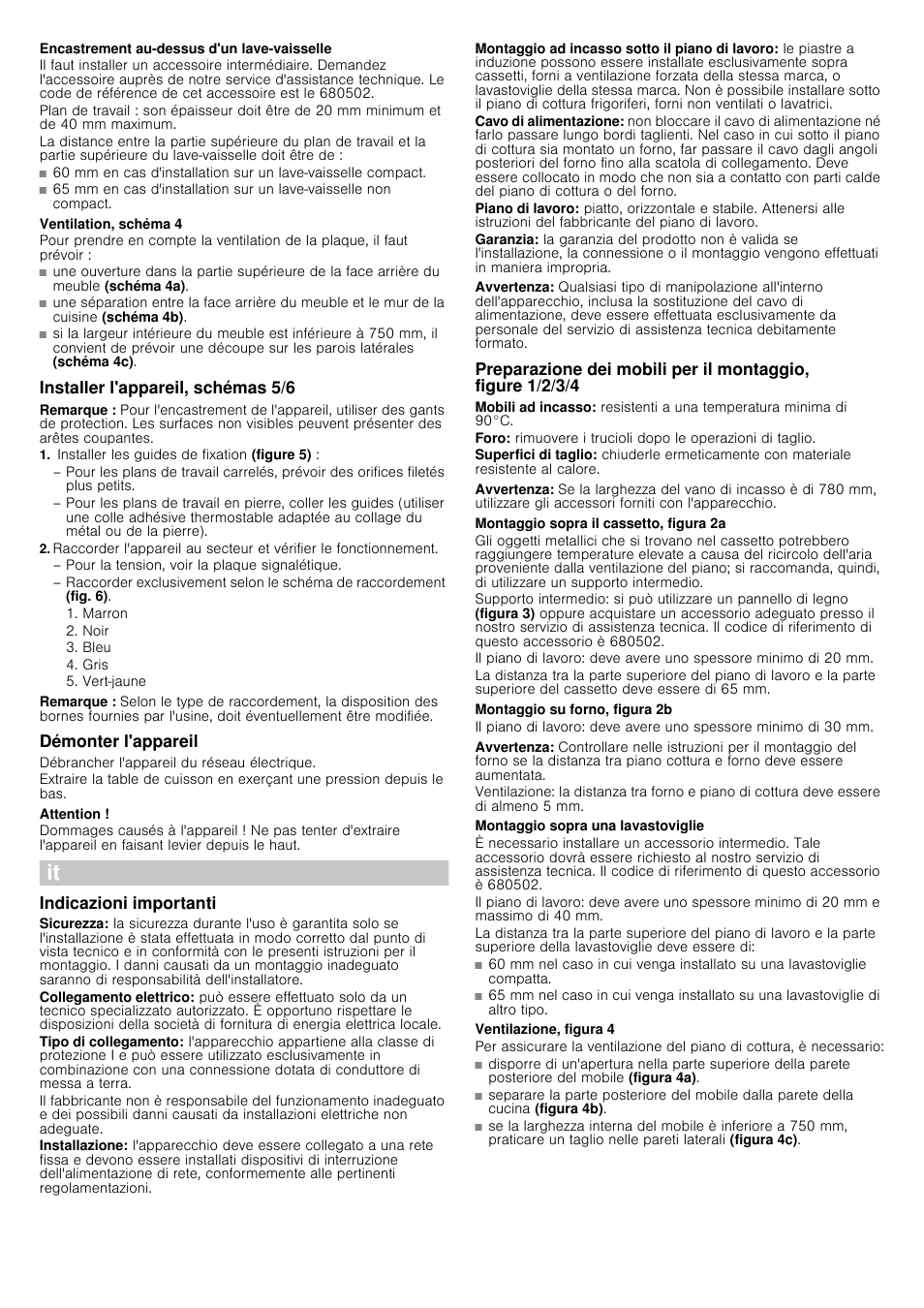 Encastrement au-dessus d'un lave-vaisselle, Ventilation, schéma 4, Installer l'appareil, schémas 5/6 | Remarque, Installer les guides de fixation (figure 5), Démonter l'appareil, Débrancher l'appareil du réseau électrique, Attention, Indicazioni importanti, Avvertenza | Siemens EH885DC12E User Manual | Page 6 / 14