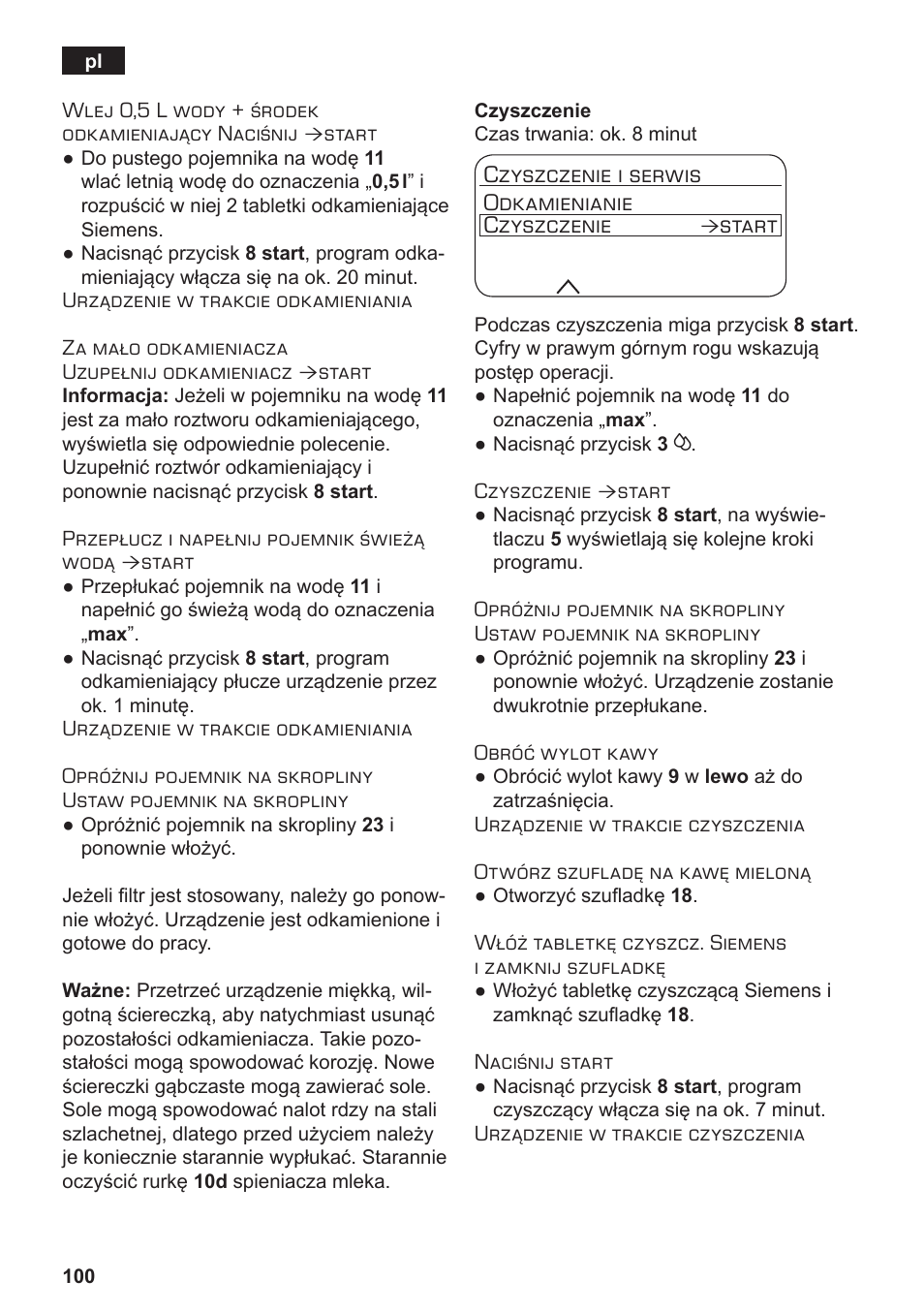 Czyszczenie i serwis odkamienianie czyszczenie, Start | Siemens TE717209RW User Manual | Page 104 / 172