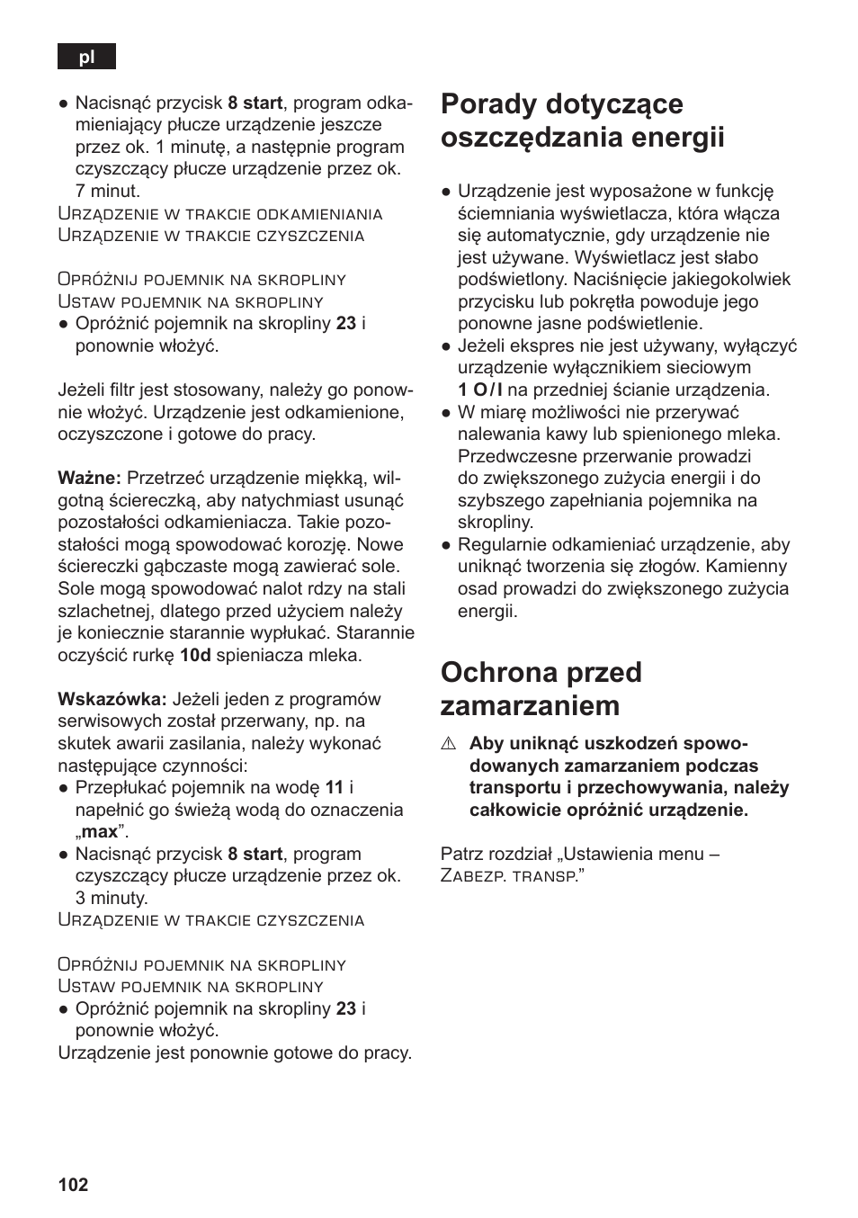 Porady dotyczące oszczędzania energii, Ochrona przed zamarzaniem | Siemens TE717209RW User Manual | Page 106 / 172