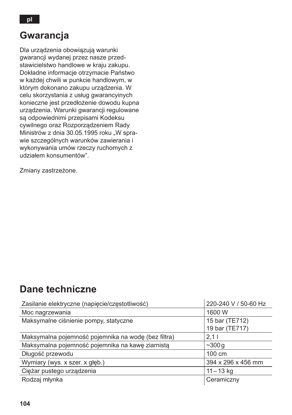 Gwarancja, Dane techniczne | Siemens TE717209RW User Manual | Page 108 / 172