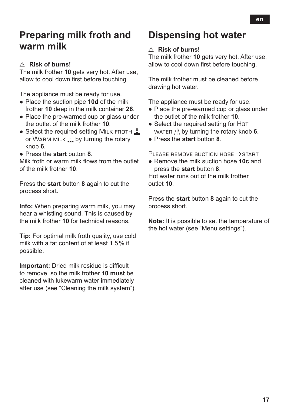 Preparing milk froth and warm milk, Dispensing hot water | Siemens TE717209RW User Manual | Page 21 / 172