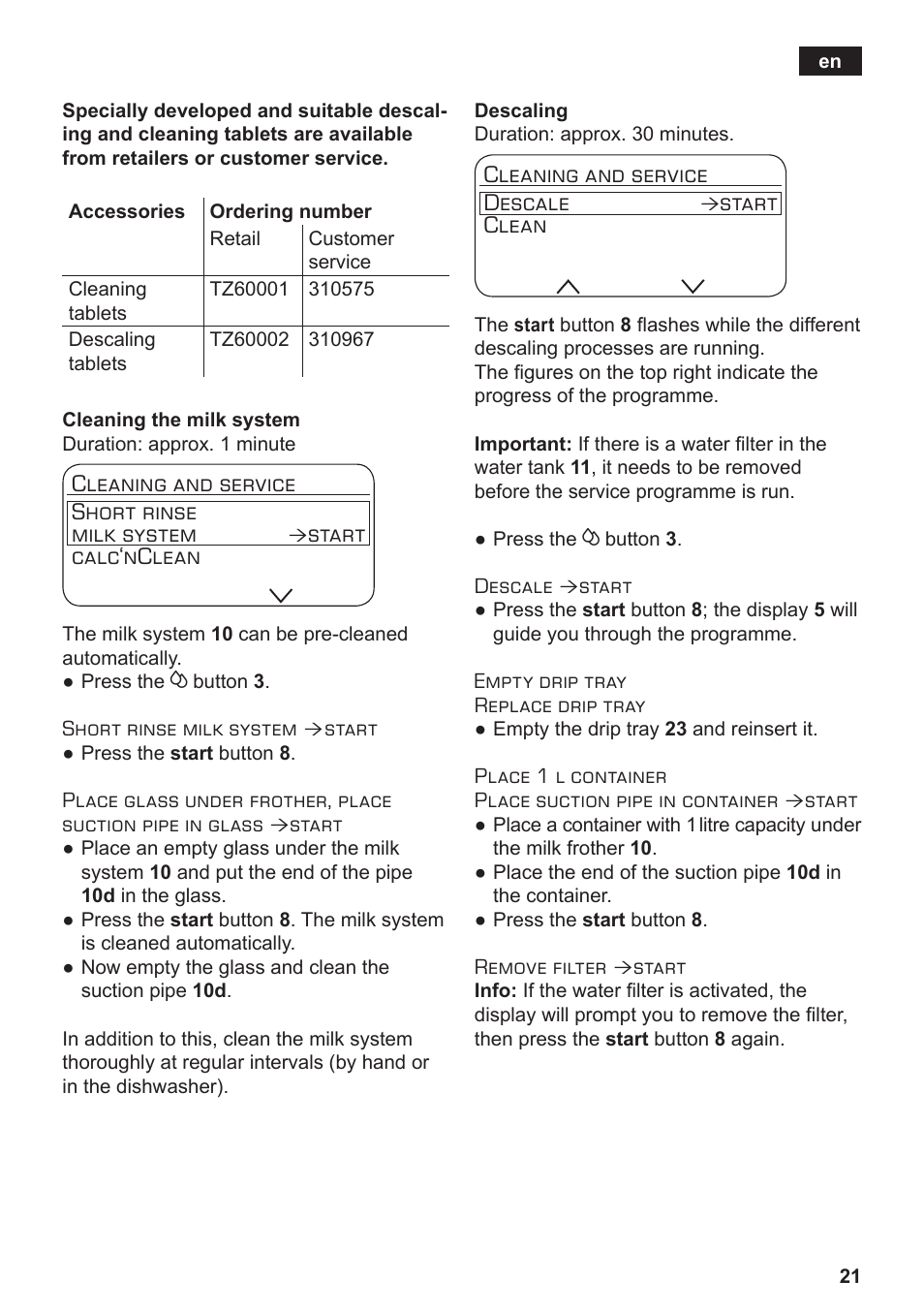 Cleaning and service short rinse milk system, Start calc‘nclean, Cleaning and service descale | Start clean | Siemens TE717209RW User Manual | Page 25 / 172