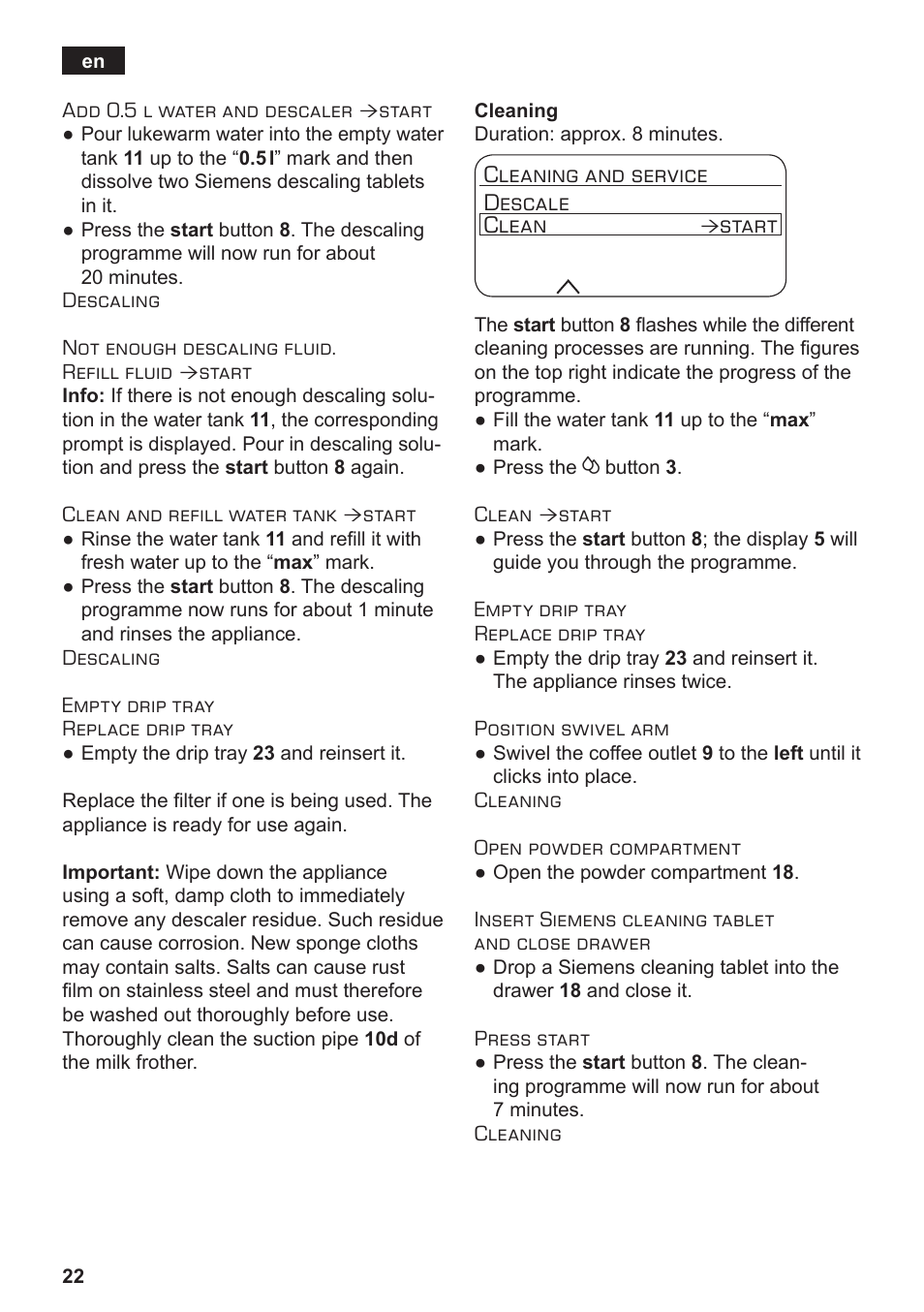 Cleaning and service descale clean, Start | Siemens TE717209RW User Manual | Page 26 / 172