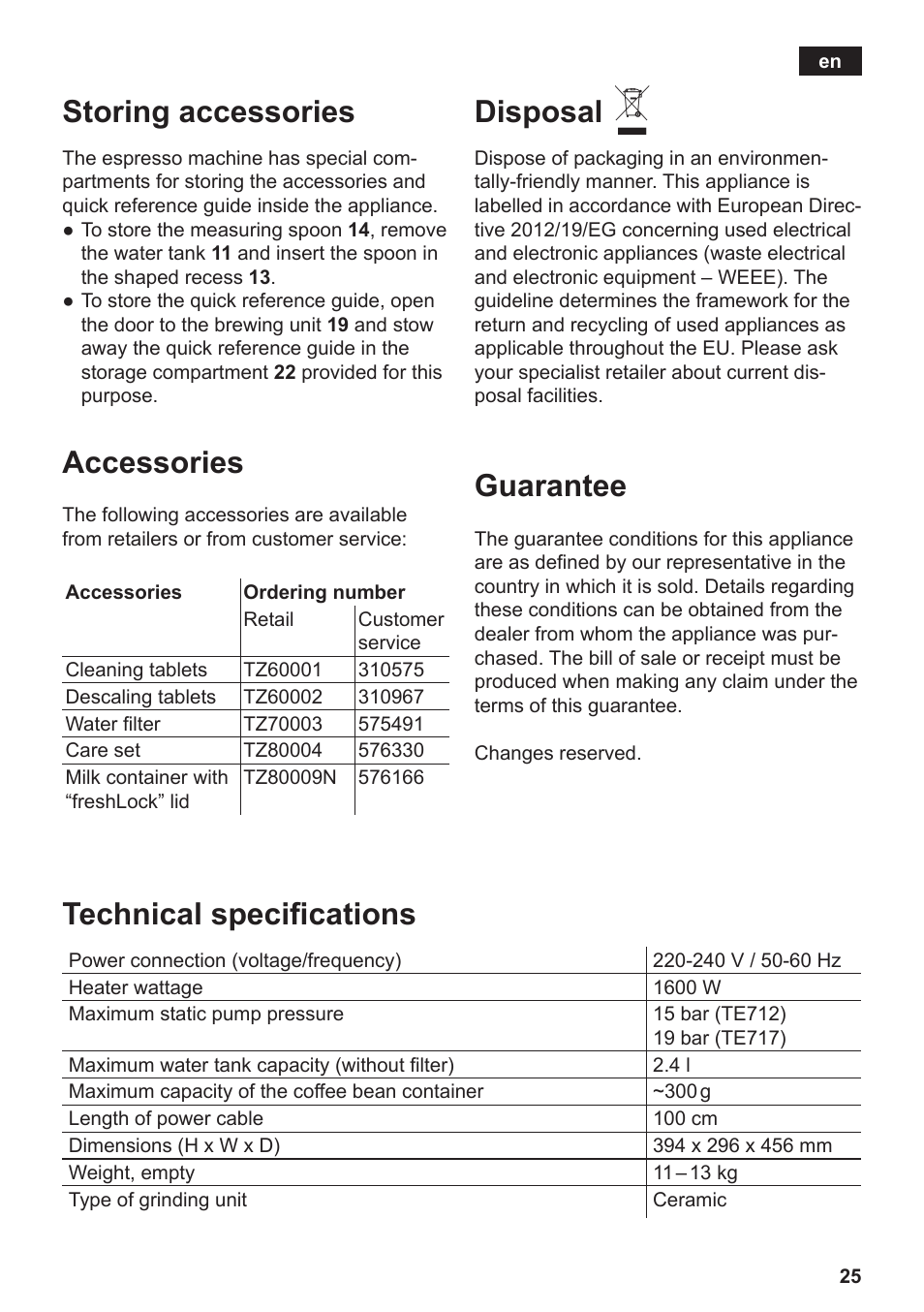 Storing accessories, Accessories, Disposal | Guarantee, Technical specifications | Siemens TE717209RW User Manual | Page 29 / 172