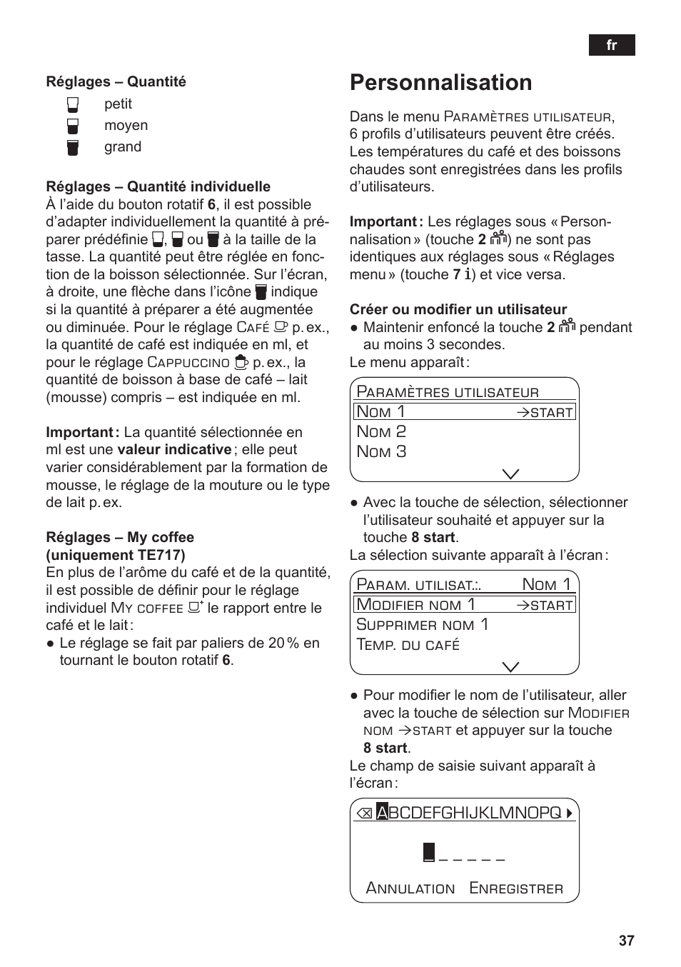 Personnalisation | Siemens TE717209RW User Manual | Page 41 / 172