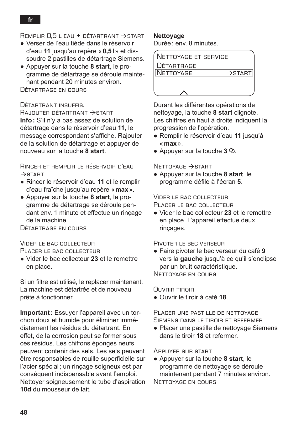 Nettoyage et service détartrage nettoyage, Start | Siemens TE717209RW User Manual | Page 52 / 172