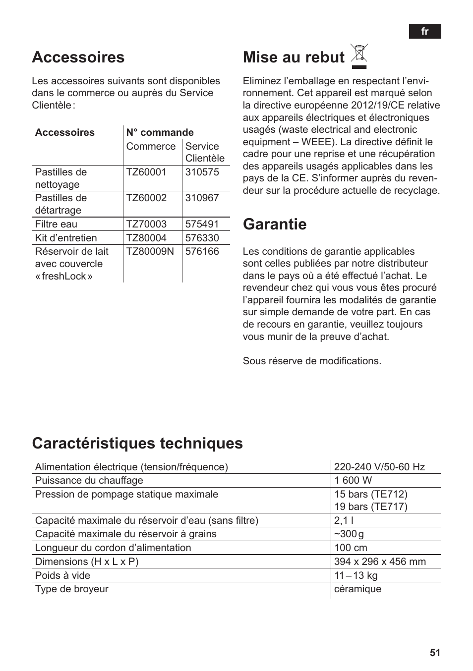 Accessoires, Mise au rebut, Garantie | Caractéristiques techniques | Siemens TE717209RW User Manual | Page 55 / 172