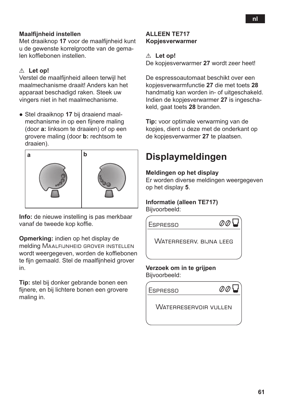 Displaymeldingen | Siemens TE717209RW User Manual | Page 65 / 172