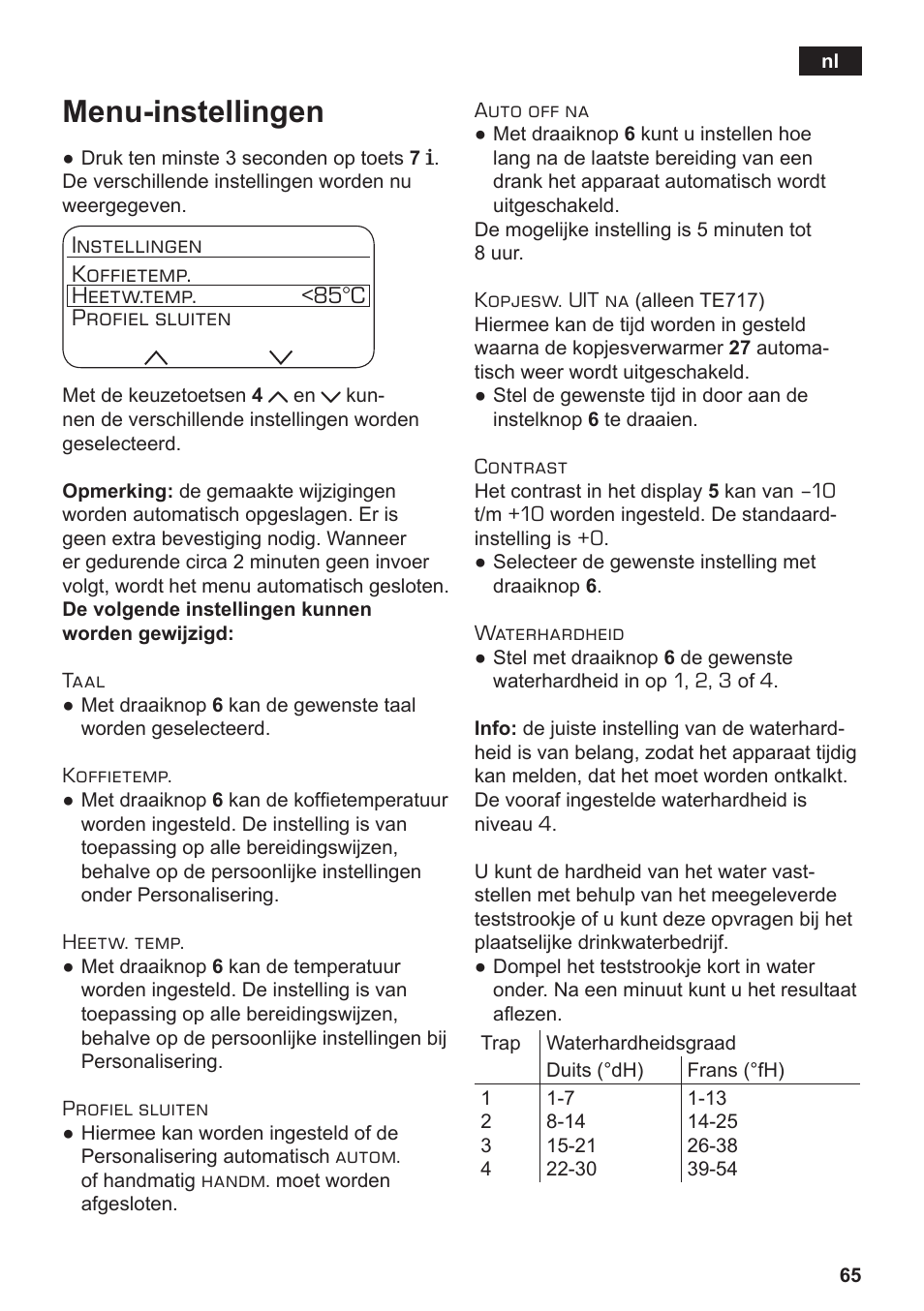 Menu-instellingen | Siemens TE717209RW User Manual | Page 69 / 172