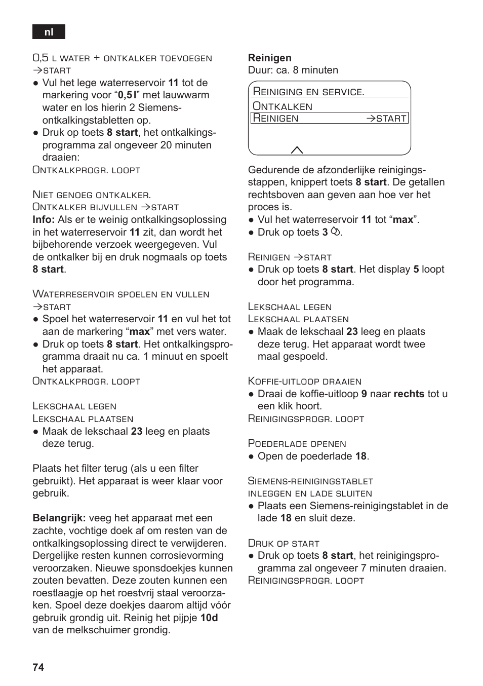 Reiniging en service. ontkalken reinigen, Start | Siemens TE717209RW User Manual | Page 78 / 172