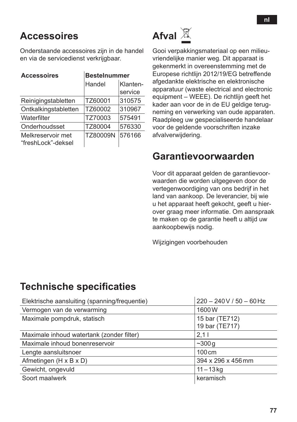 Technische specificaties, Accessoires, Afval | Garantievoorwaarden | Siemens TE717209RW User Manual | Page 81 / 172