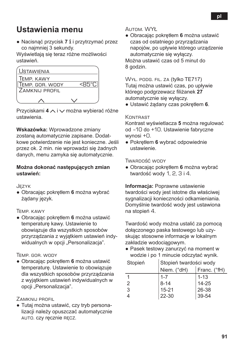 Ustawienia menu | Siemens TE717209RW User Manual | Page 95 / 172