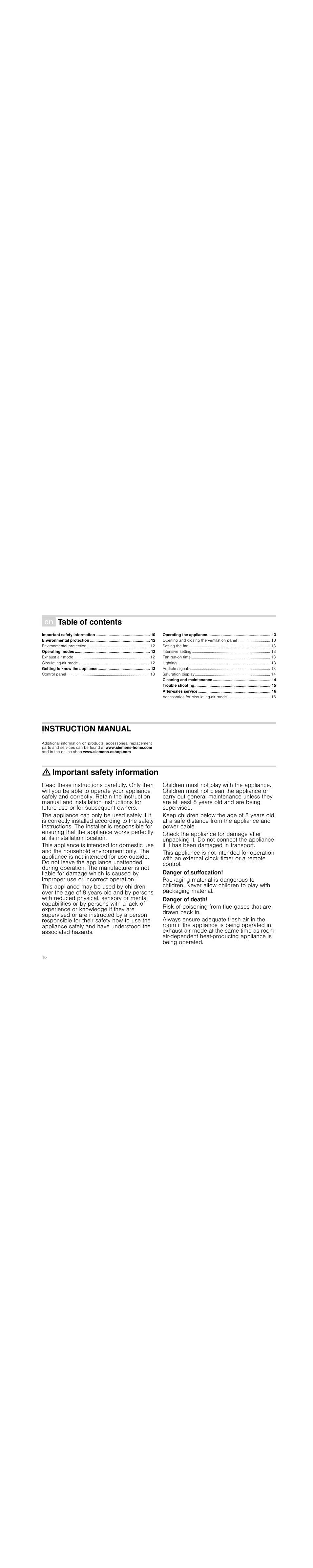 Ú table of contents[en] instruction manual, Environmental protection 12, Operating modes 12 | Getting to know the appliance 13, Operating the appliance 13, Cleaning and maintenance 14, Trouble shooting 15, After-sales service 16, Instruction manual, Produktinfo | Siemens LC98KA570 User Manual | Page 10 / 88